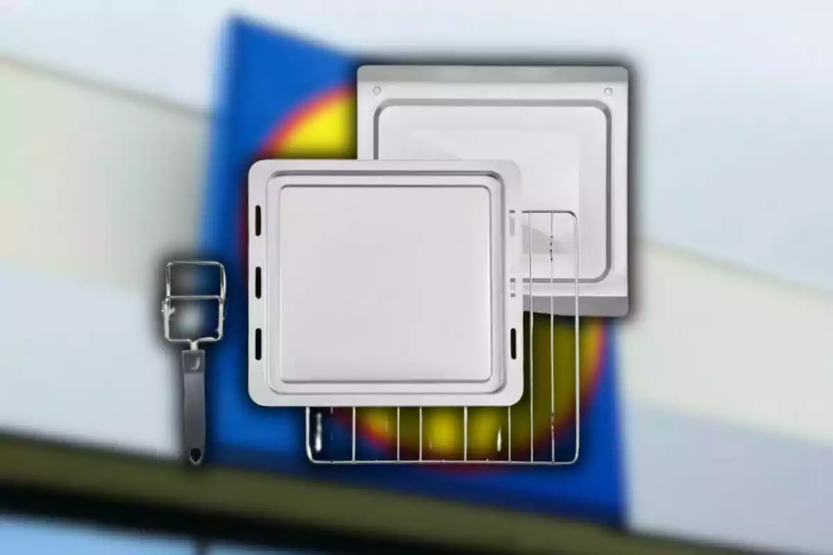 A set of kitchen accessories including trays and a rack, with a blurred background of blue, yellow, and red colors. A set of kitchen accessories including trays and a rack, with a blurred background of blue, yellow, and red colors.
