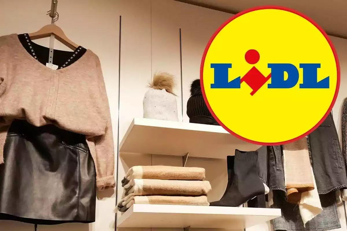 Roba i accessoris de moda en exhibició al costat del logotip de Lidl.