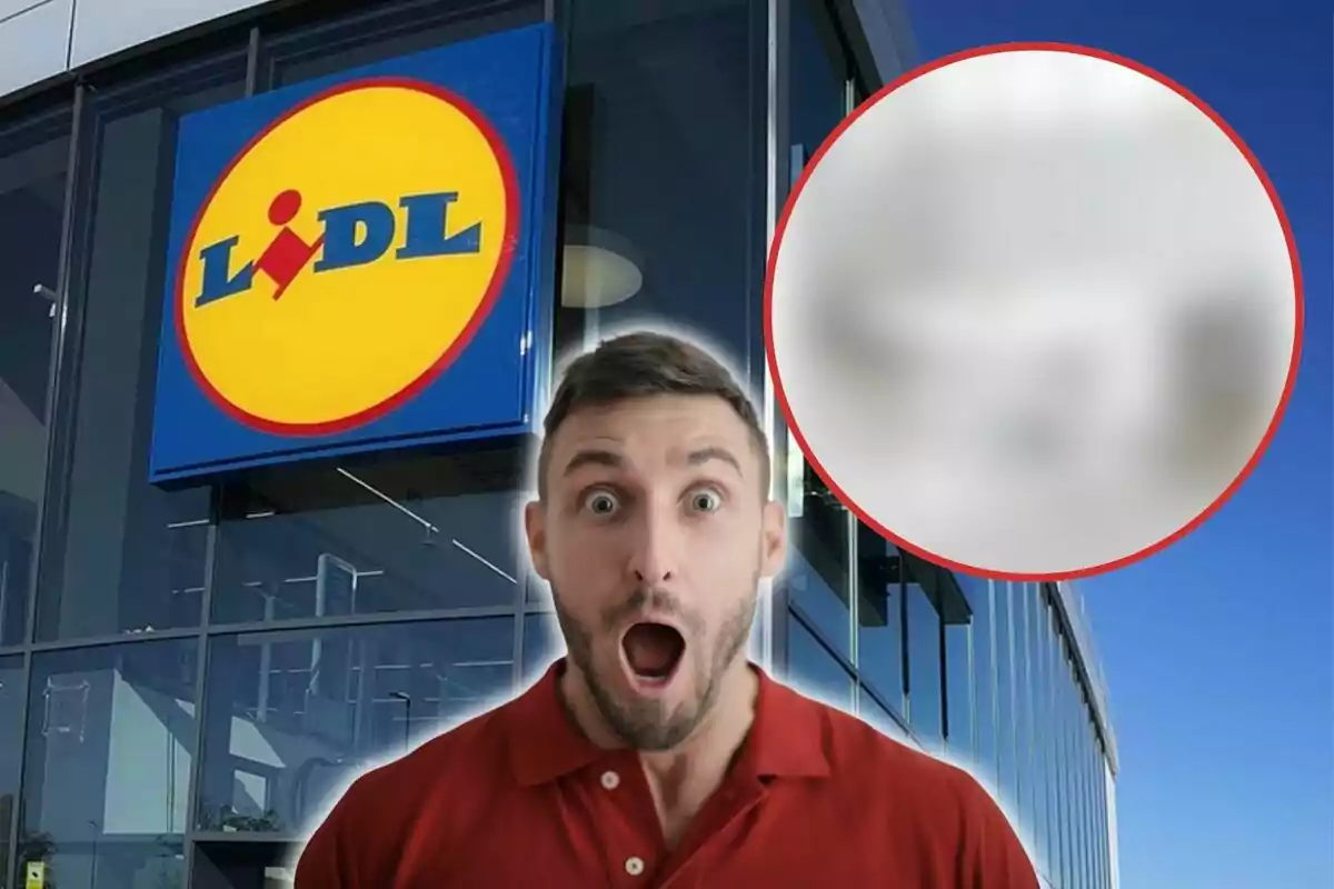 Un home sorprès davant d'una botiga Lidl amb un cercle borrós a la cantonada superior dreta.