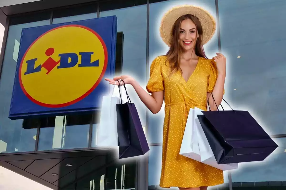 A woman in a hat and yellow dress holds several shopping bags in front of a Lidl store.