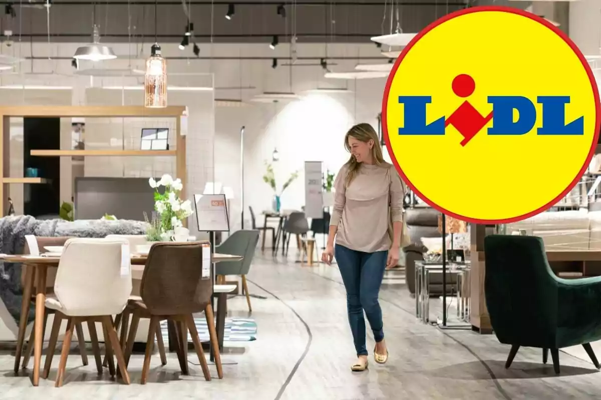 Mujer caminando en una tienda de muebles con el logotipo de Lidl superpuesto.