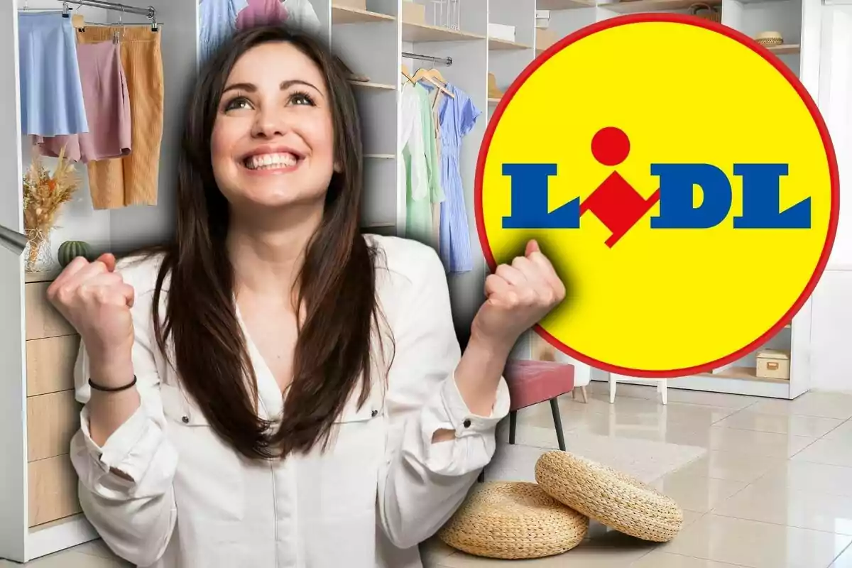 A smiling woman with her fists raised in celebration stands in front of a wardrobe full of clothes, next to the Lidl logo.