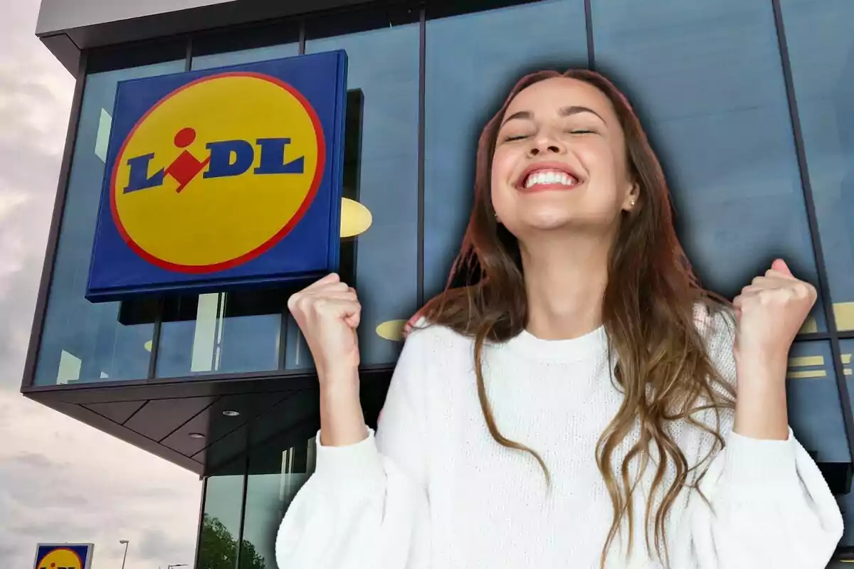 A smiling person with raised fists in front of a building with the Lidl logo.