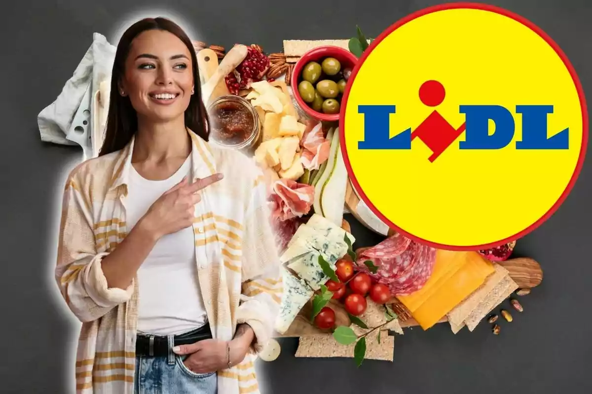Smiling woman pointing at the Lidl logo with a cheese board, cold cuts, olives, and other foods in the background