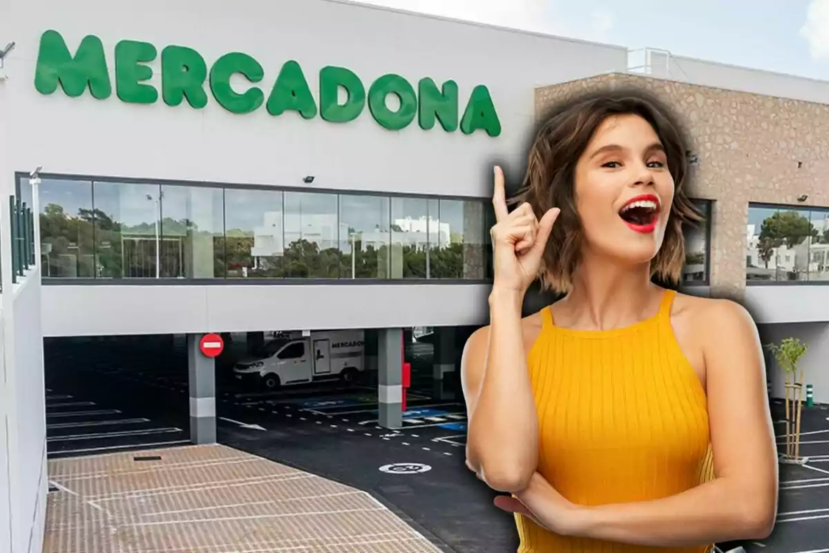 Facade of a Mercadona supermarket with a smiling woman pointing upwards