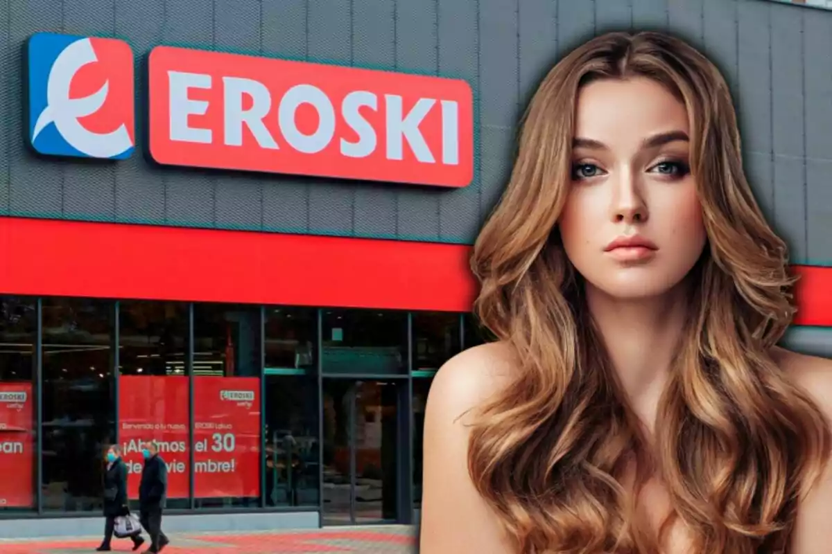 Una mujer con cabello largo y ondulado frente a una tienda Eroski.