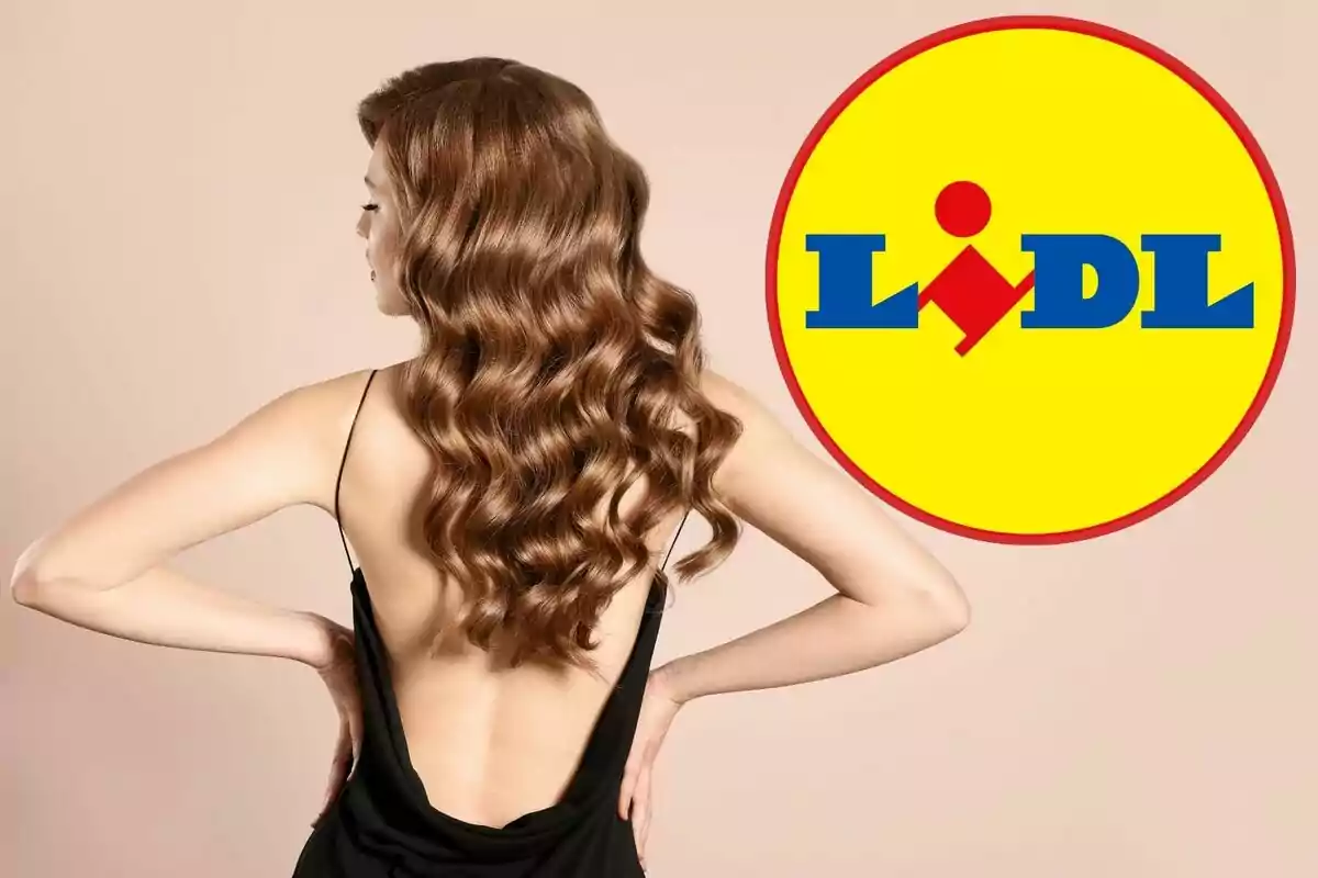 Dona d’esquena amb cabell ondulat i solt al costat del logotip de Lidl sobre fons beix Dona d’esquena amb cabell ondulat i solt al costat del logotip de Lidl sobre fons beix
