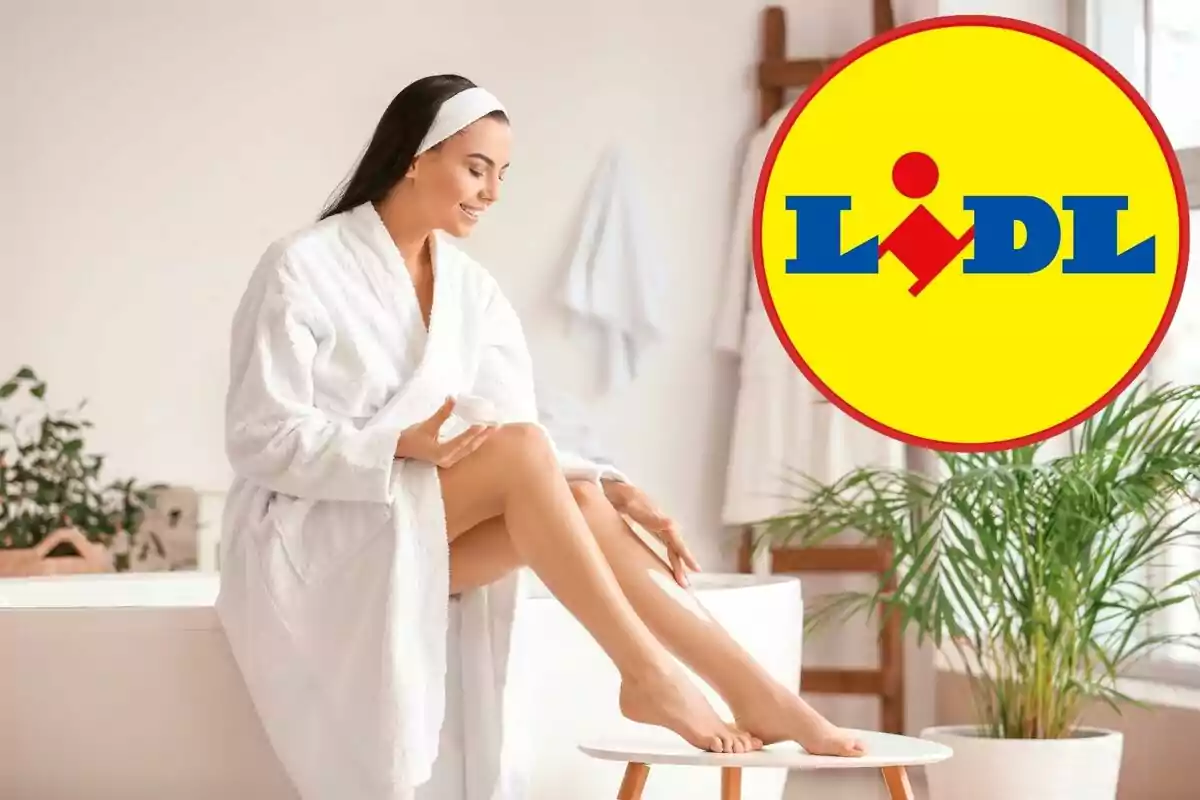 Woman in a robe applying cream to her legs with the Lidl logo next to her.