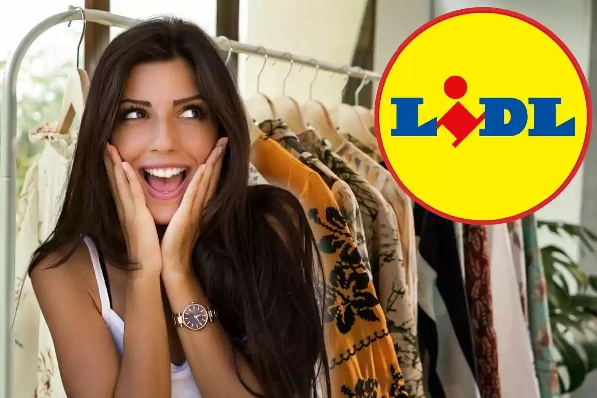 A smiling woman with her hands on her cheeks in front of a clothes rack, next to the Lidl logo.