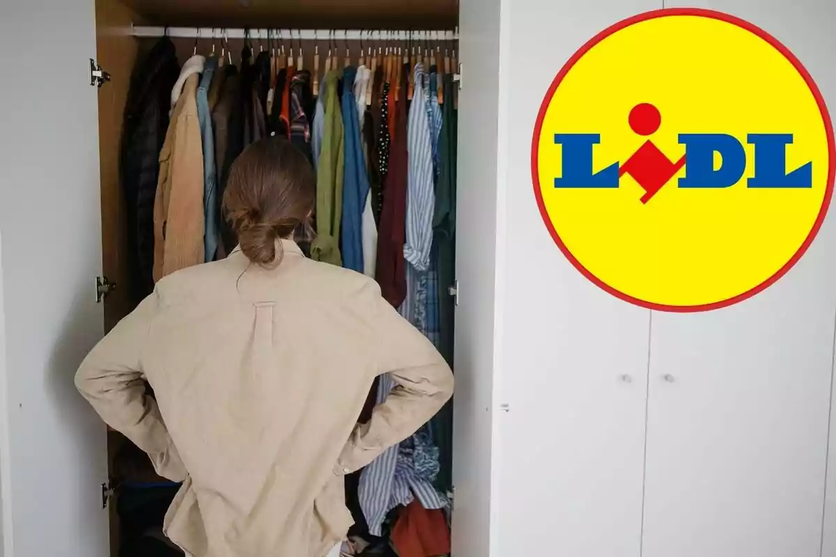 Una persona de espaldas observa un armario lleno de ropa, con el logotipo de Lidl superpuesto en la esquina superior derecha.