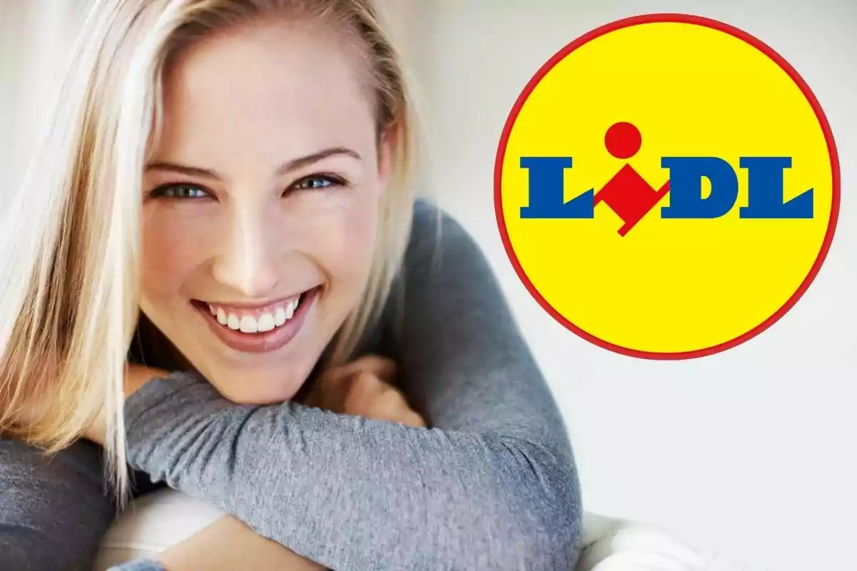 Dona somrient amb el logotip de Lidl al costat.