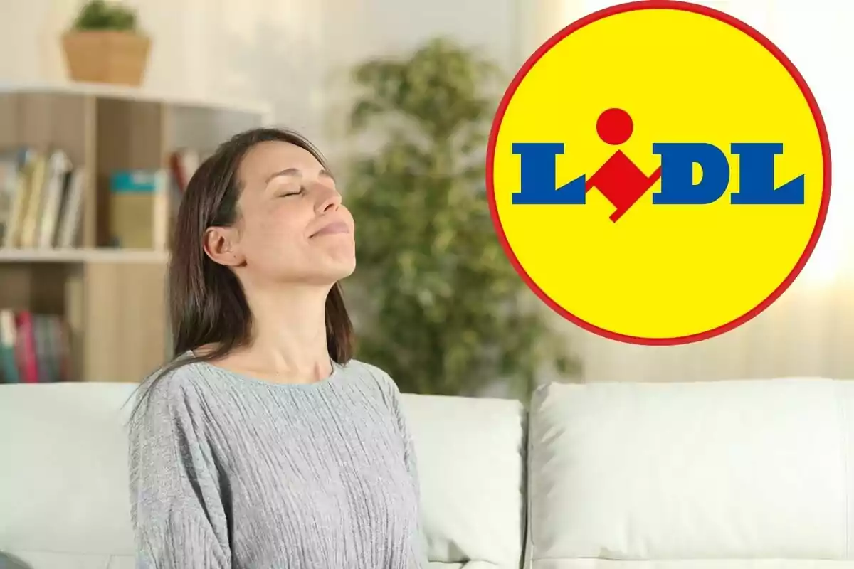 Dona asseguda en un sofà amb els ulls tancats i expressió de relaxació, amb el logotip de Lidl a la cantonada superior dreta.