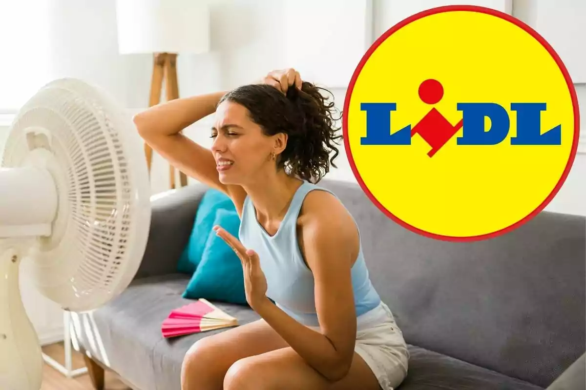 Dona asseguda en un sofà davant d'un ventilador, amb el logotip de Lidl a la cantonada superior dreta.