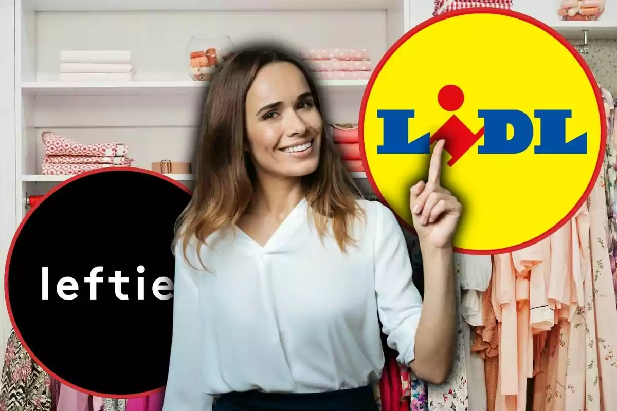 Dona somrient en un vestidor amb logotips de Lefties i Lidl als costats