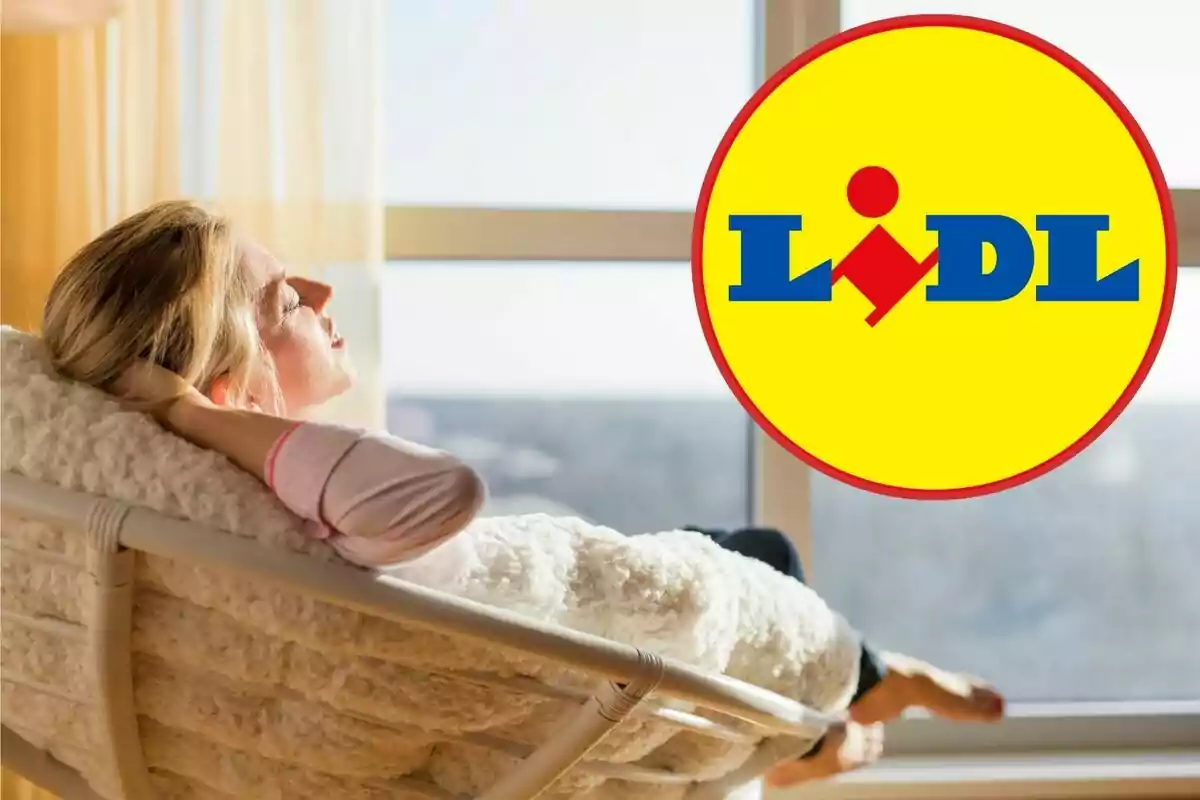 Woman relaxing in a chair by a window with the Lidl logo superimposed.