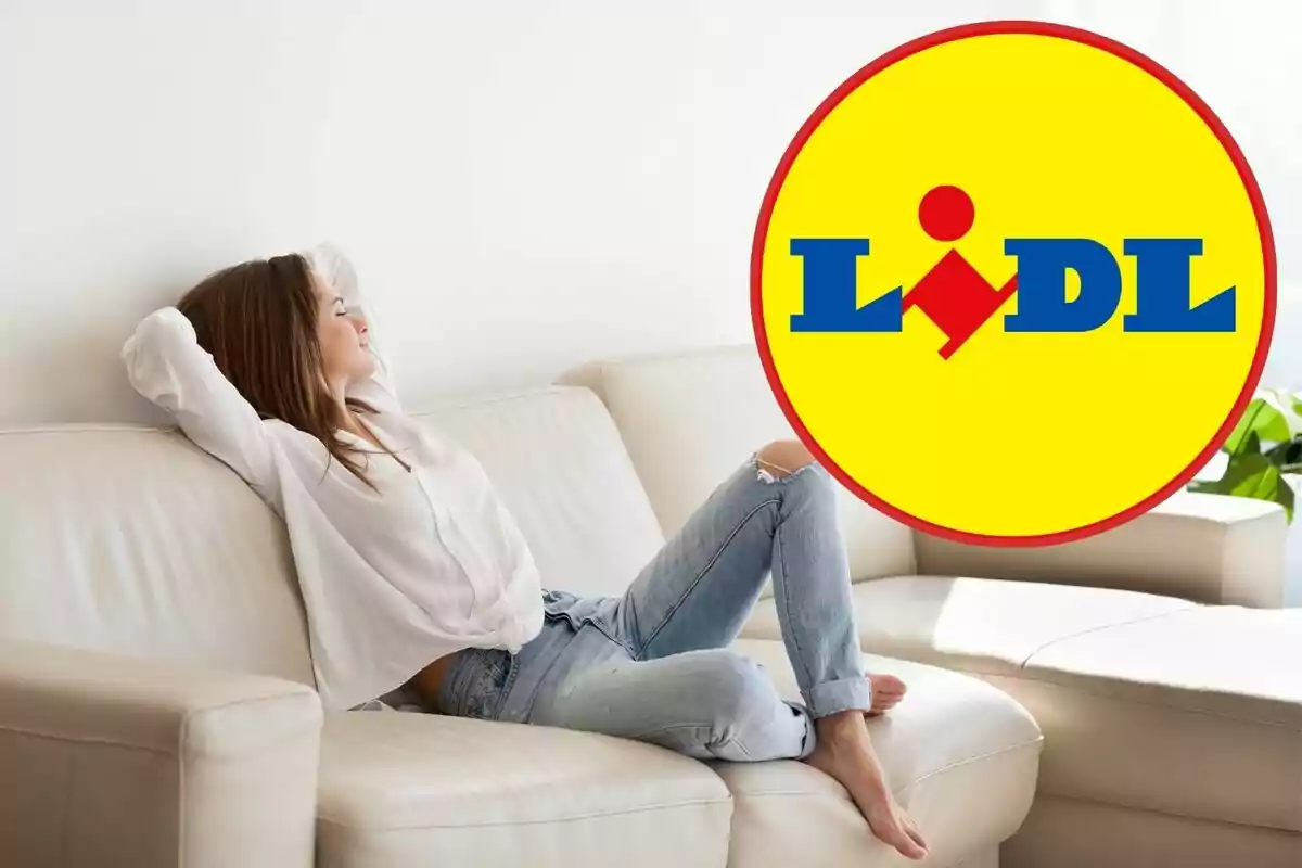 Woman relaxing on a sofa with the Lidl logo superimposed.