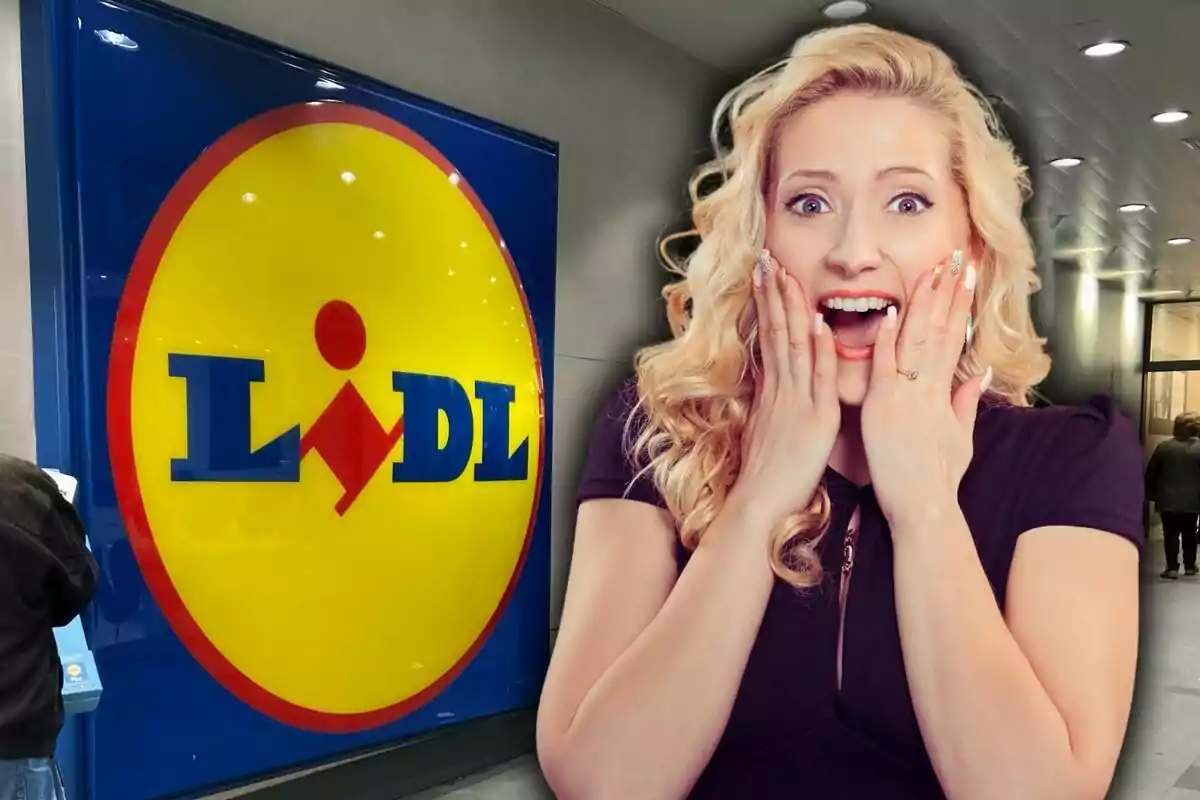 Blonde woman with a surprised expression in front of a large Lidl store sign
