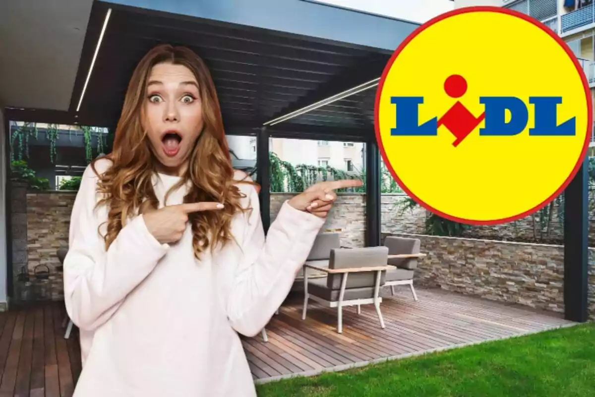 A surprised woman points at the Lidl logo in a modern courtyard.