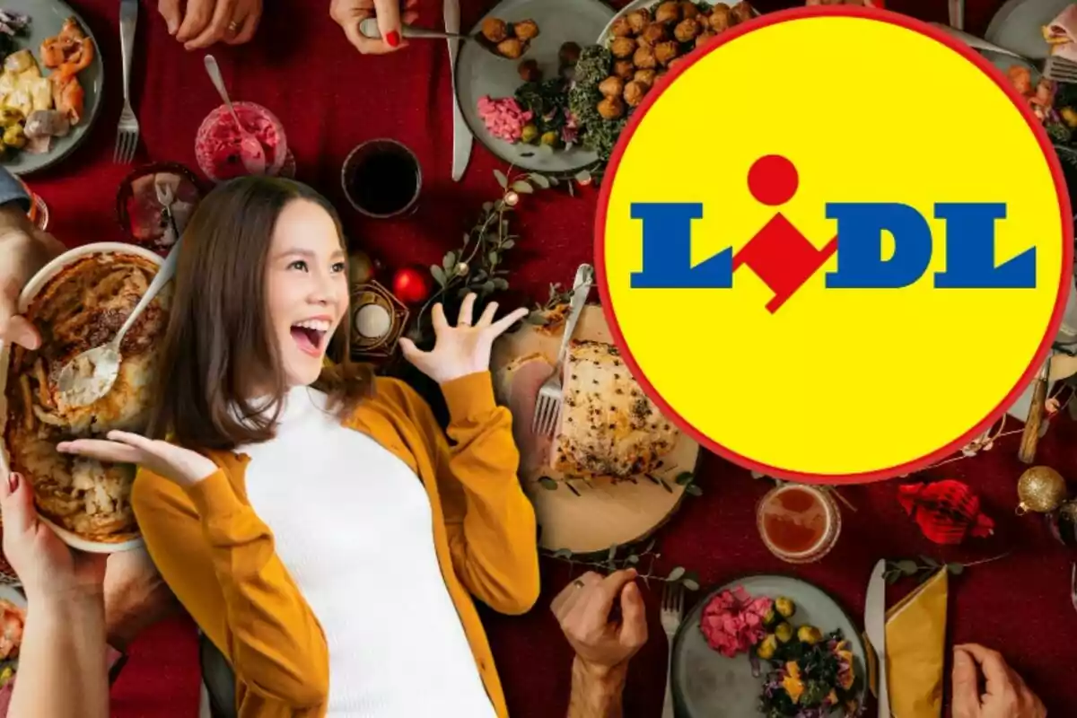 A smiling woman in a yellow sweater in front of a table full of food and the Lidl logo in a yellow circle.