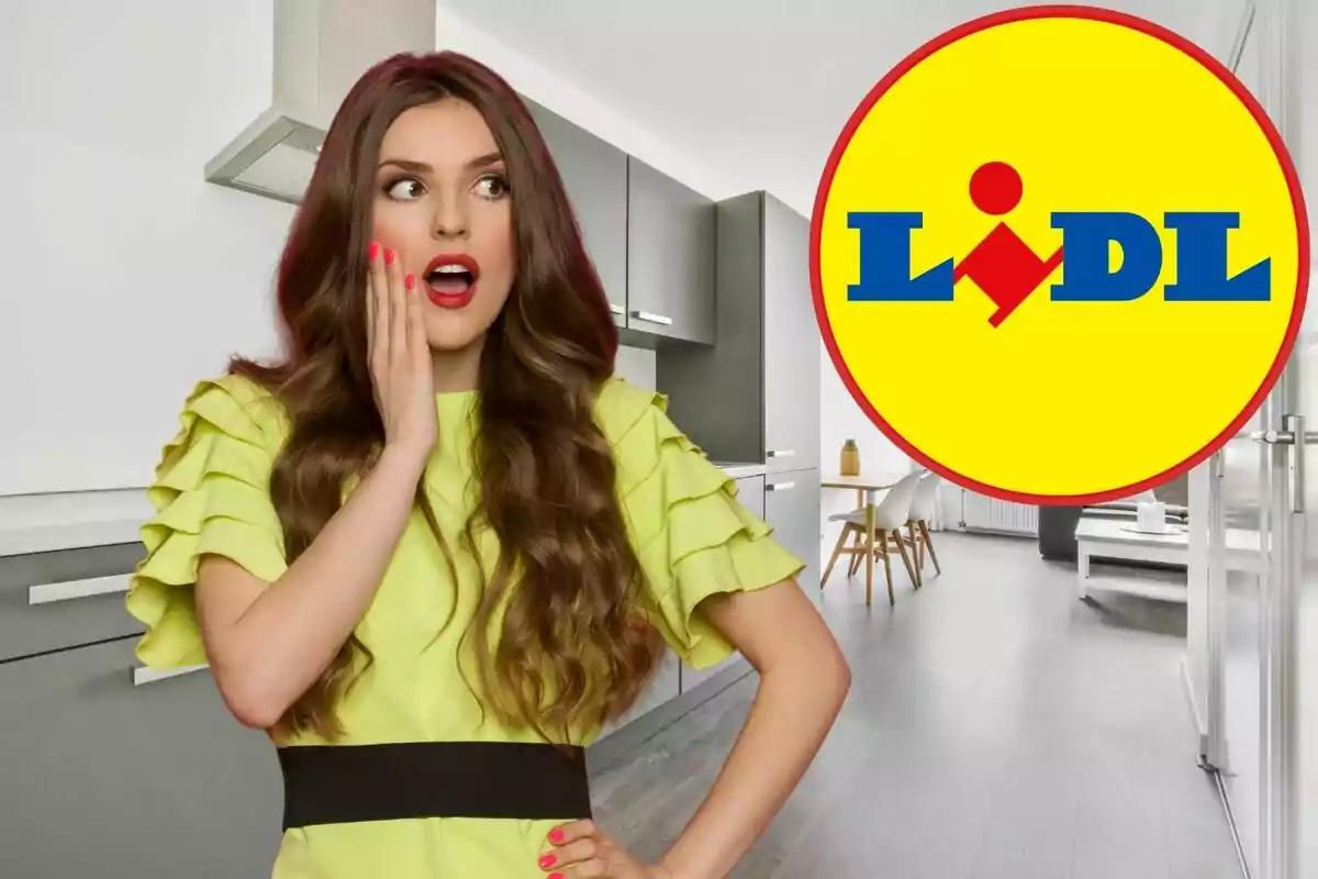 Surprised woman in a modern kitchen with a large Lidl logo on the right