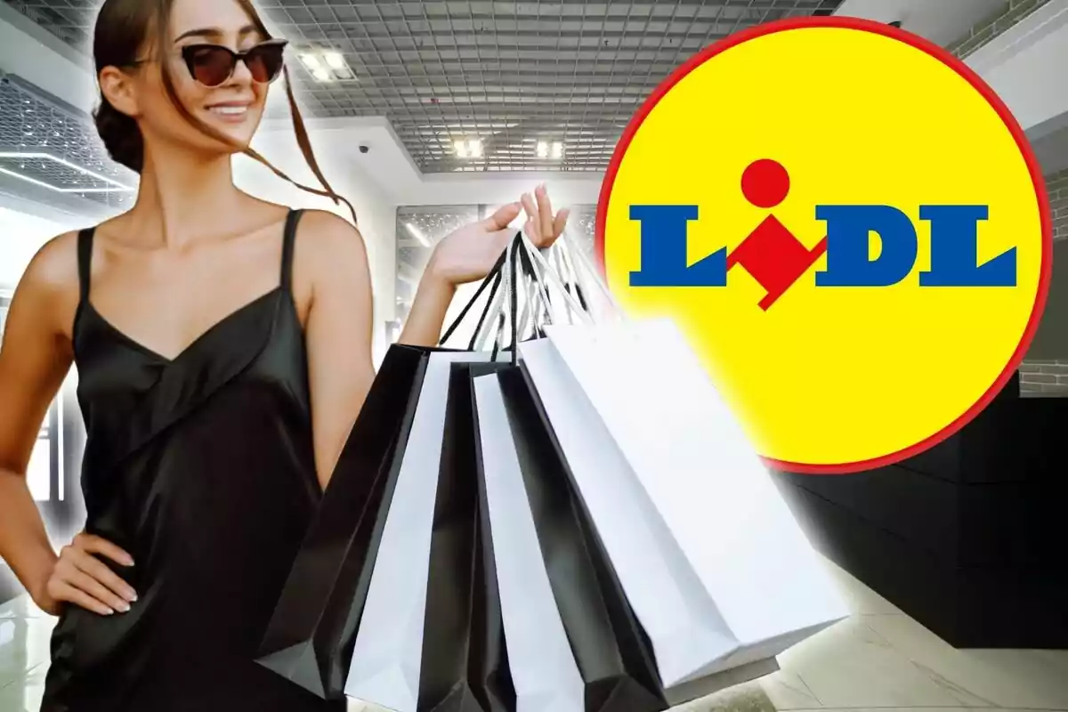Dona amb ulleres de sol sostenint bosses de compres en un entorn modern amb el logotip de Lidl al fons.