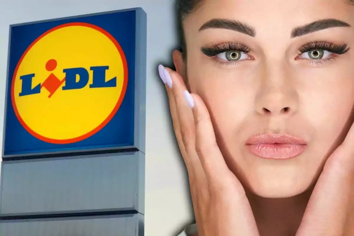 Cartell de la botiga Lidl al costat del rostre d’una dona amb maquillatge i les mans a la cara