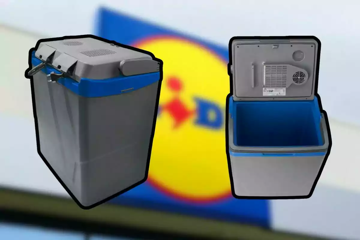 A gray and blue portable cooler with an open and closed lid, with a blurred background of a logo. A gray and blue portable cooler with an open and closed lid, with a blurred background of a logo.