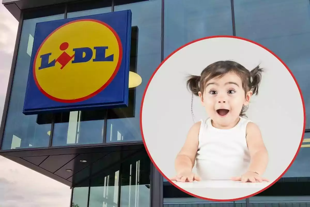 Un rètol de Lidl en un edifici amb la imatge d?un nen petit sorprès en un cercle vermell superposat.