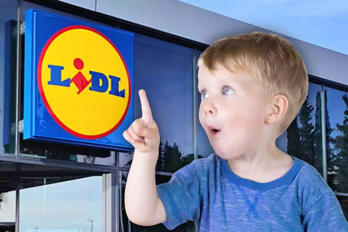 A small child with a look of surprise points at a store's logo.