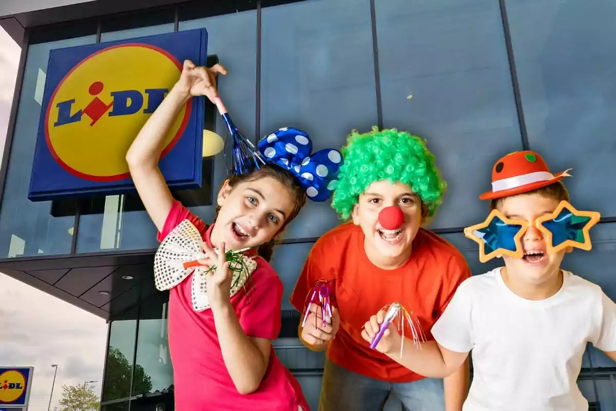 Niños disfrazados con accesorios coloridos y divertidos posan felices frente a una tienda Lidl.