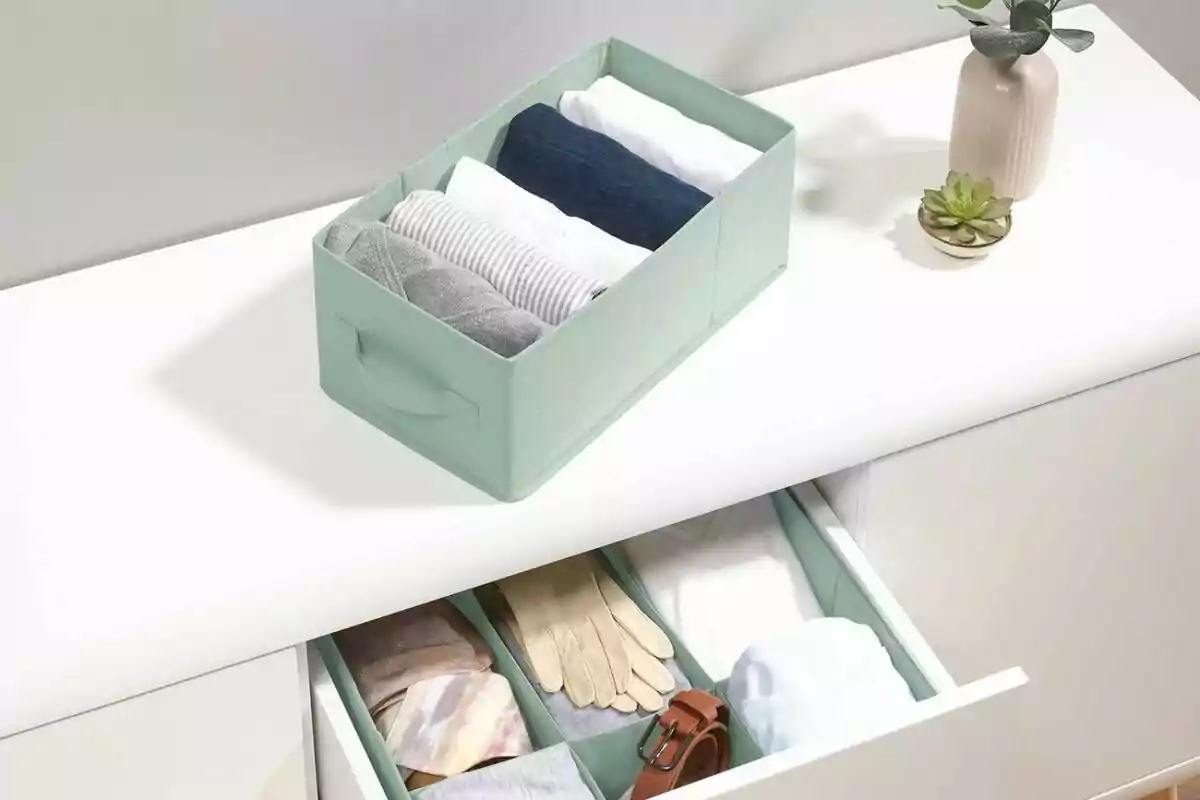 Green organizer box with folded clothes on a white piece of furniture next to an open drawer with gloves, a belt, and other garments, decorated with a potted plant. Green organizer box with folded clothes on a white piece of furniture next to an open drawer with gloves, a belt, and other garments, decorated with a potted plant.