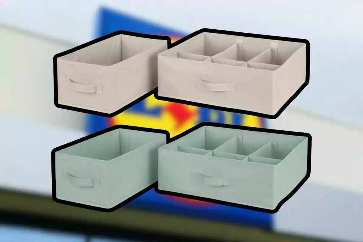 Four fabric organizers in beige and green, two with compartments and two without, with a blurred background of blue, yellow, and red colors. Four fabric organizers in beige and green, two with compartments and two without, with a blurred background of blue, yellow, and red colors.