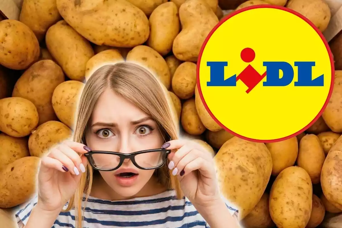 Una dona amb expressió de sorpresa sosté les ulleres davant d'un fons de papes i el logotip de Lidl.