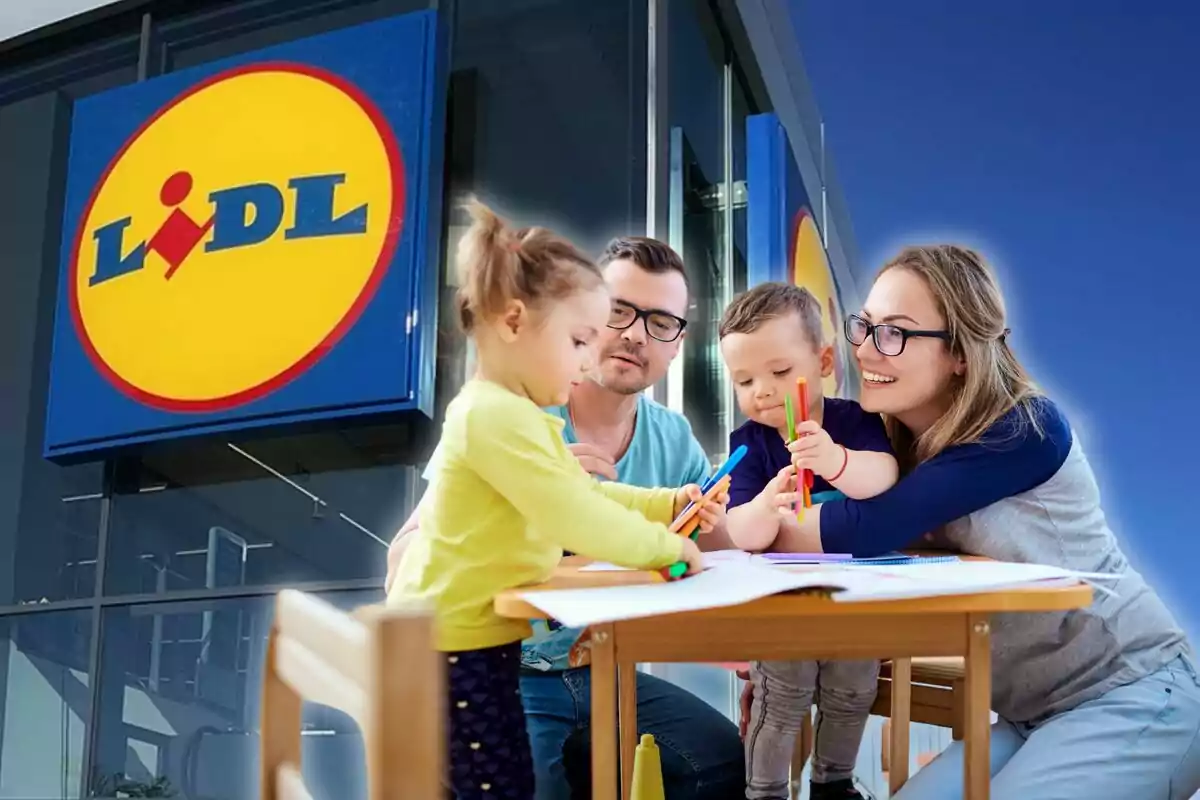 Una família amb dos nens petits dibuixant en una taula davant una botiga Lidl.