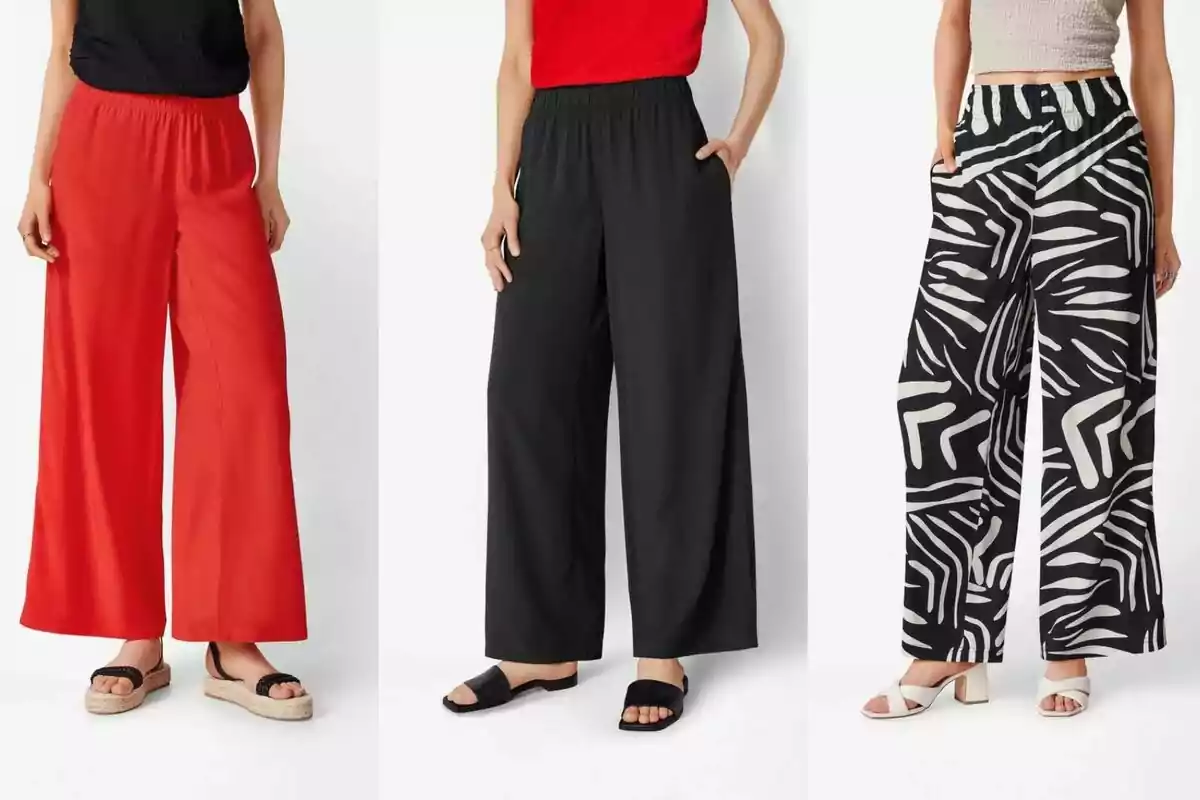 Three women model wide-leg pants in different styles: one red, one black, and another with a black and white print, each with a different top and sandals. Three women model wide-leg pants in different styles: one red, one black, and another with a black and white print, each with a different top and sandals.