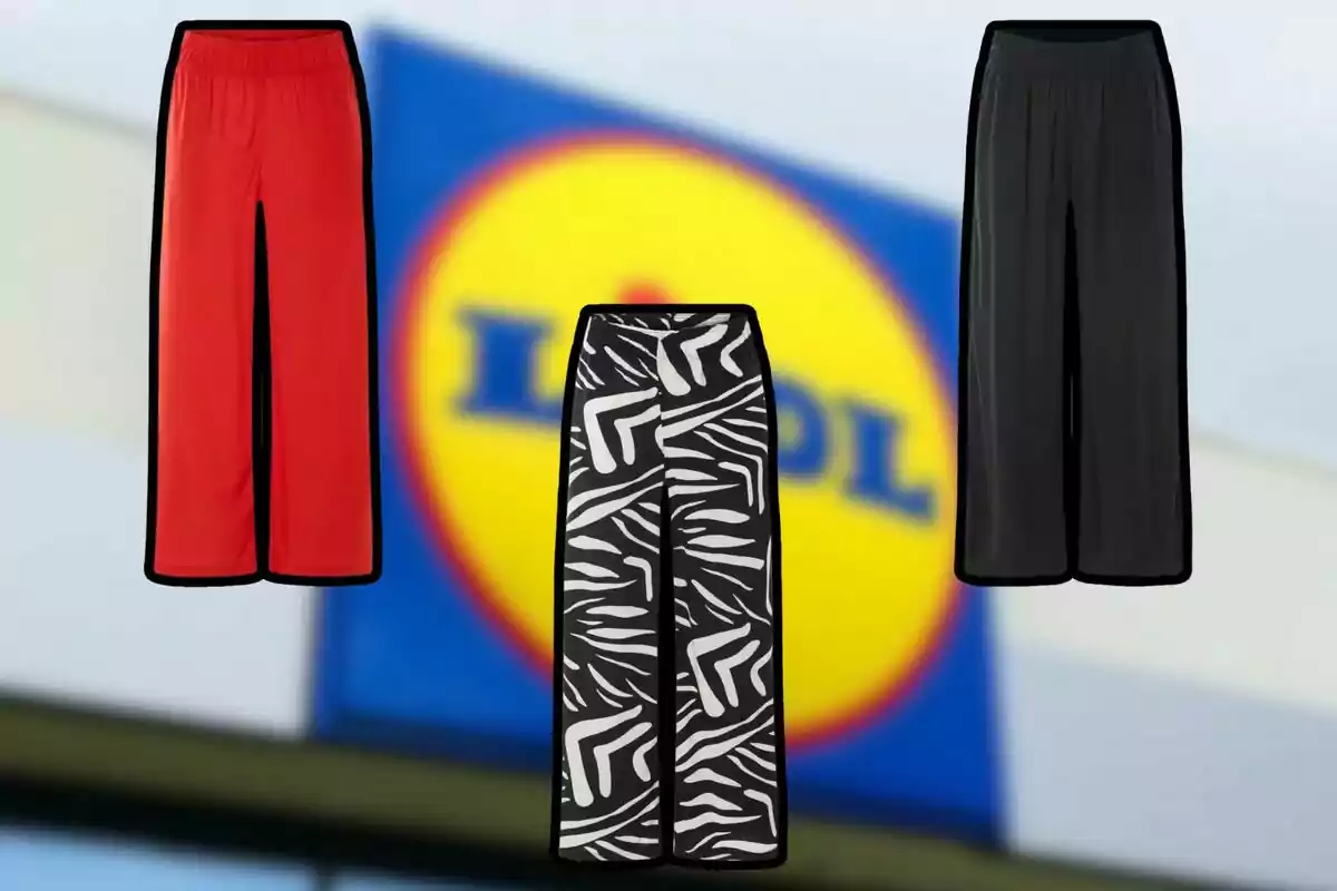 Three pants of different styles and colors are displayed against a background with a blurred logo. Three pants of different styles and colors are displayed against a background with a blurred logo.