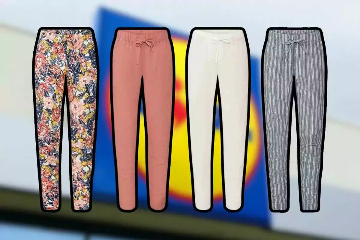 Cuatro pantalones de diferentes diseños y colores frente a un fondo desenfocado. Cuatro pantalones de diferentes diseños y colores frente a un fondo desenfocado.