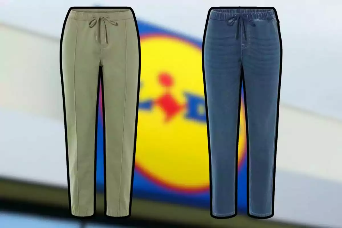 Two pants of different colors with a blurred background of a logo. Two pants of different colors with a blurred background of a logo.