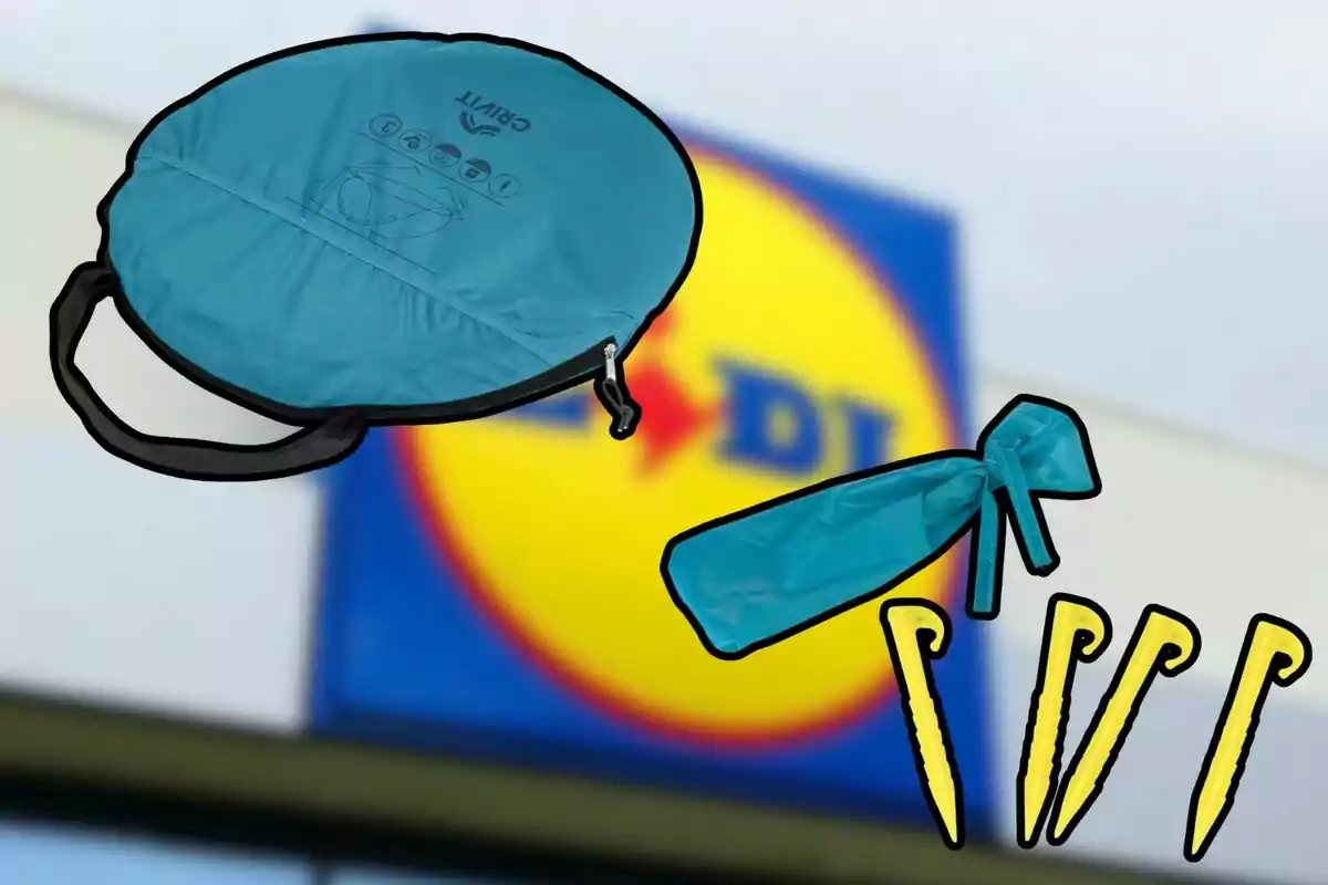 A set of camping accessories, including a blue carrying bag and yellow stakes, with a background showing a blurry logo.