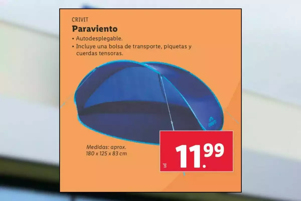 Imatge d’un paravent blau autodesplegable de la marca Crivit amb un preu de 11,99 euros i unes mesures aproximades de 180 per 125 per 83 centímetres, inclou bossa de transport, piquetes i cordes tensores. Imatge d’un paravent blau autodesplegable de la marca Crivit amb un preu de 11,99 euros i unes mesures aproximades de 180 per 125 per 83 centímetres, inclou bossa de transport, piquetes i cordes tensores.