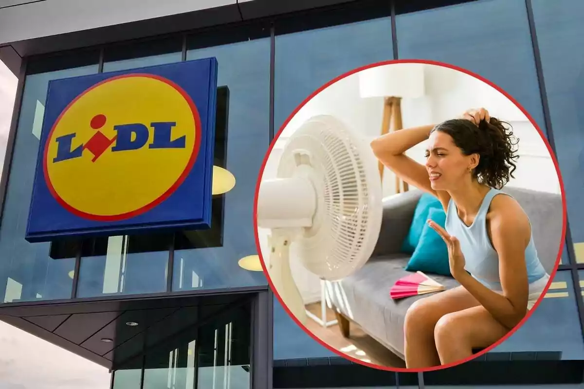 Logotip de Lidl a la façana d'una botiga i una dona asseguda davant d'un ventilador a una sala d'estar.