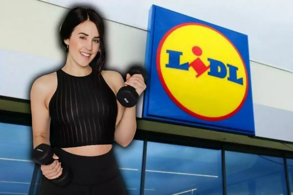 Young woman in sportswear holding dumbbells in front of a Lidl store