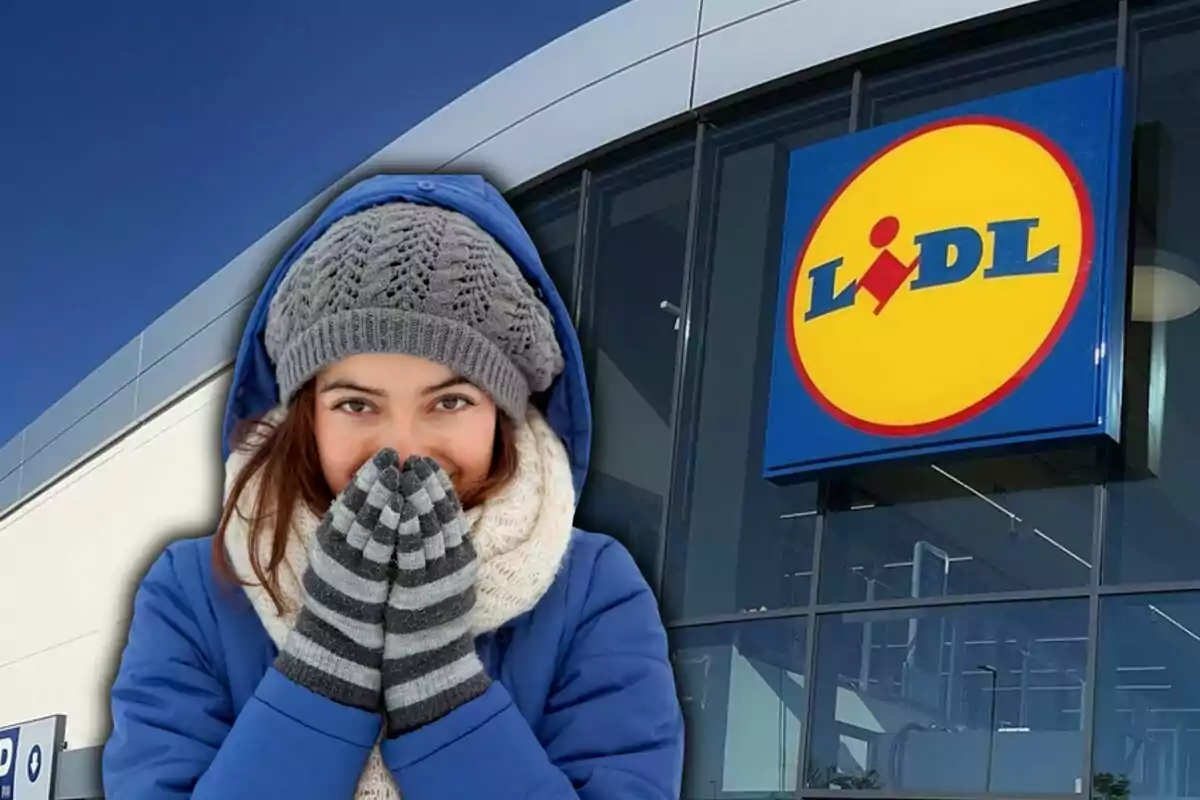 Dona abrigada amb gorra i guants davant d'una botiga Lidl.