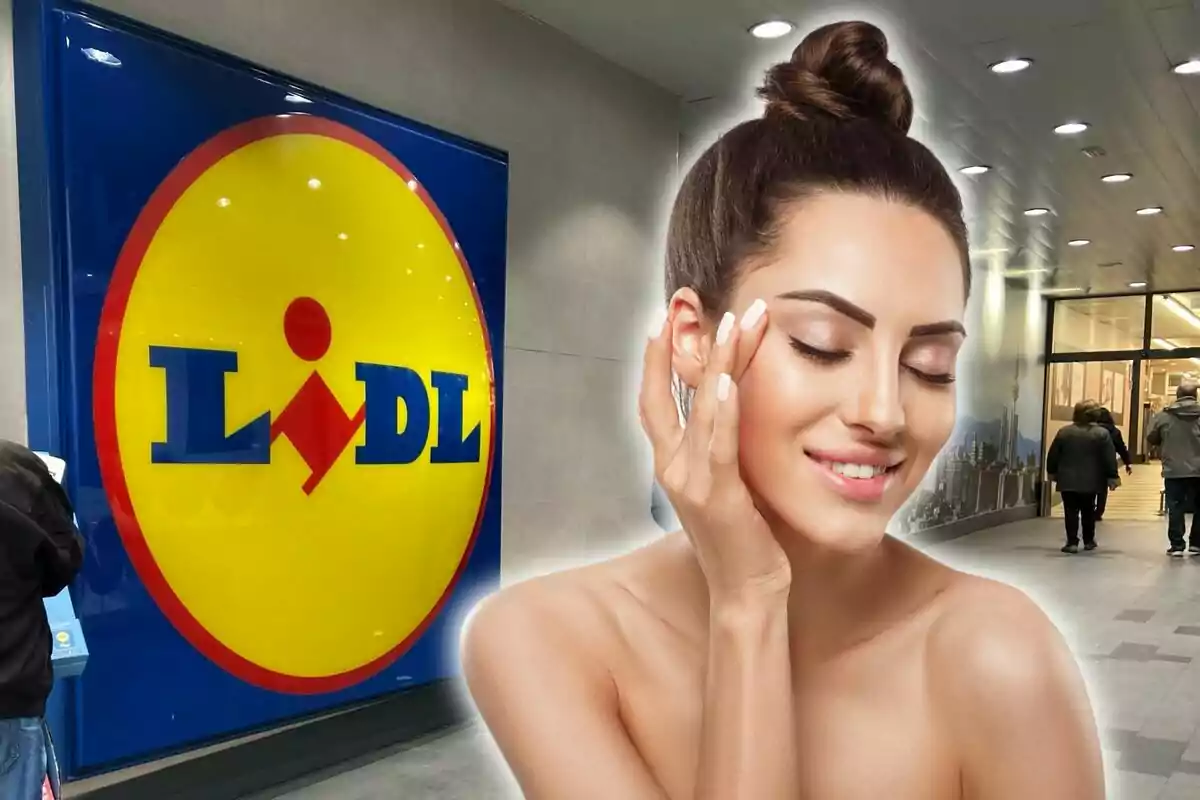 Una dona somrient amb els ulls tancats i tocant-se la cara apareix superposada davant de l'entrada d'una botiga Lidl.