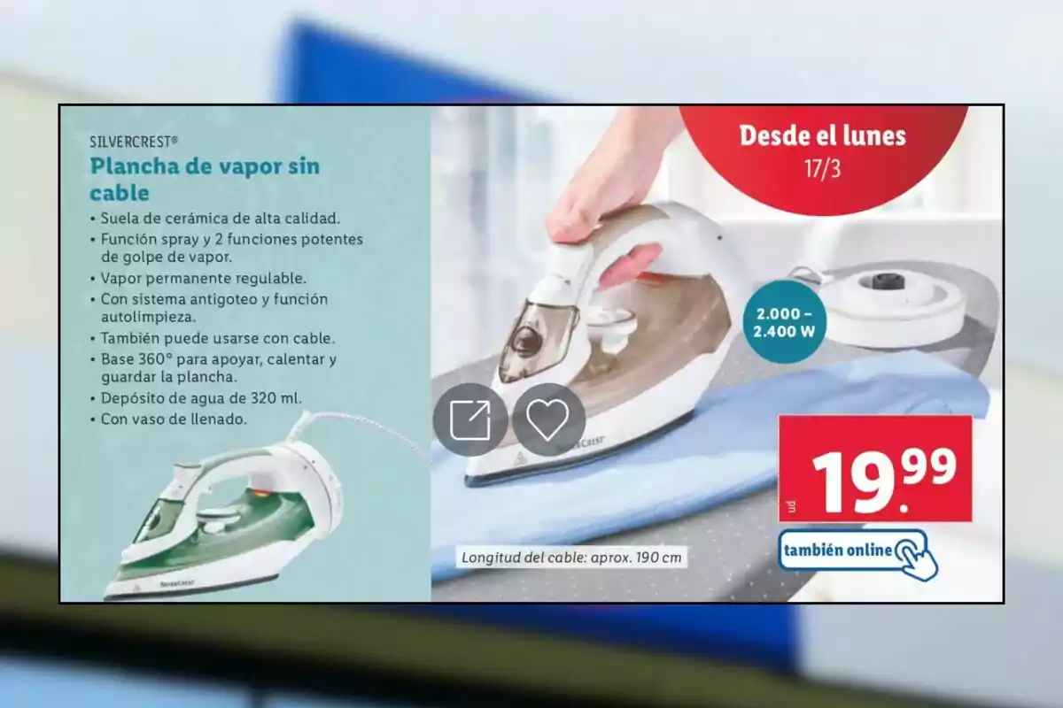 Imatge d'una planxa de vapor sense fil de la marca Silvercrest amb sola de ceràmica, funció esprai, sistema antigoteig, base 360 graus, dipòsit d'aigua de 320 ml i preu de 19,99 euros, disponible també en línia. Imatge d'una planxa de vapor sense fil de la marca Silvercrest amb sola de ceràmica, funció esprai, sistema antigoteig, base 360 graus, dipòsit d'aigua de 320 ml i preu de 19,99 euros, disponible també en línia.