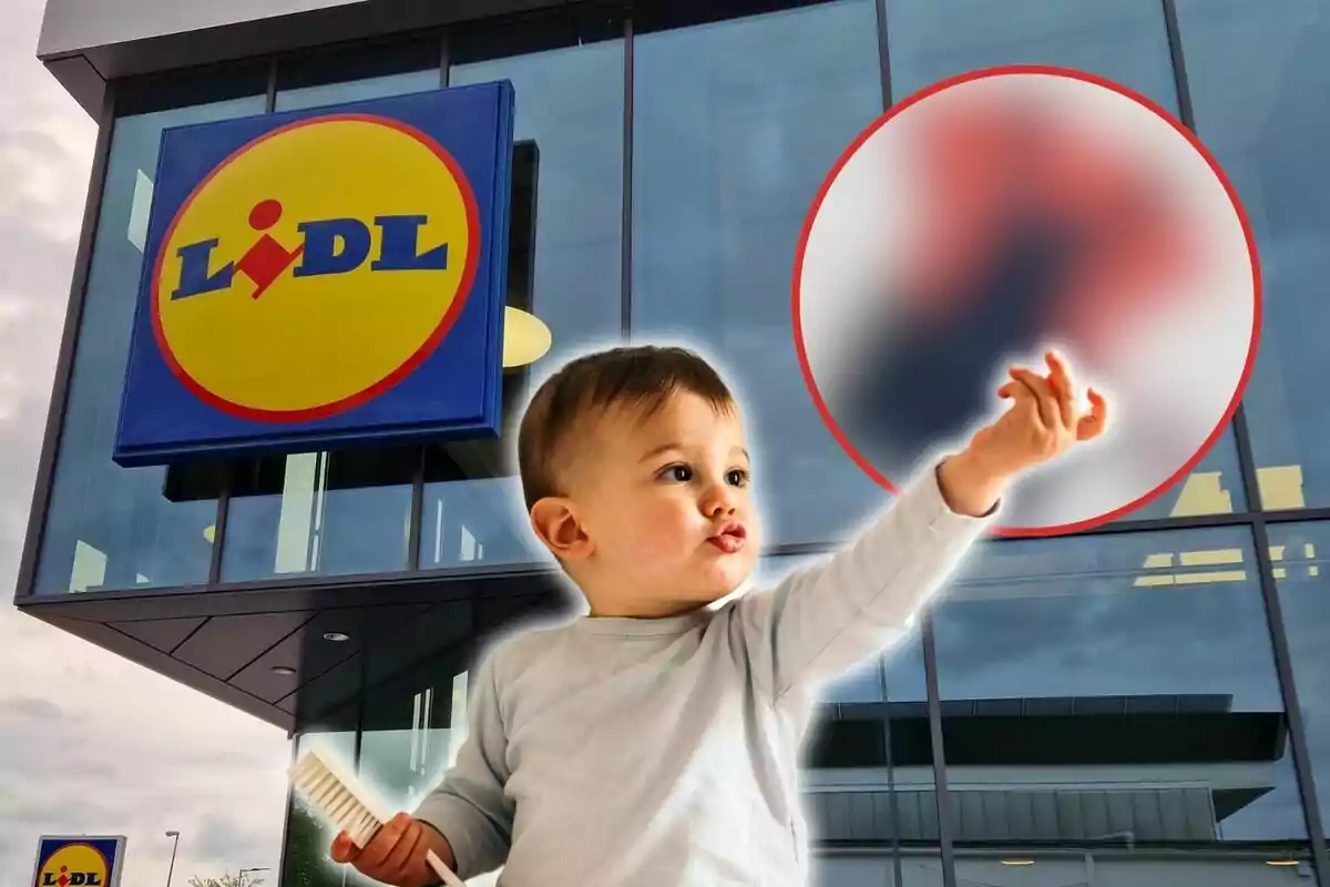 Un nen petit assenyalant cap amunt davant d'una botiga Lidl.