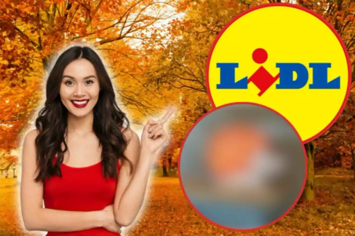 Una dona somrient amb un vestit vermell assenyala cap al logotip de Lidl en un fons tardorenc amb arbres de fulles taronges.