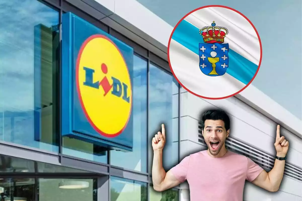 Supermercat Lidl i una persona assenyalant la bandera de Galícia