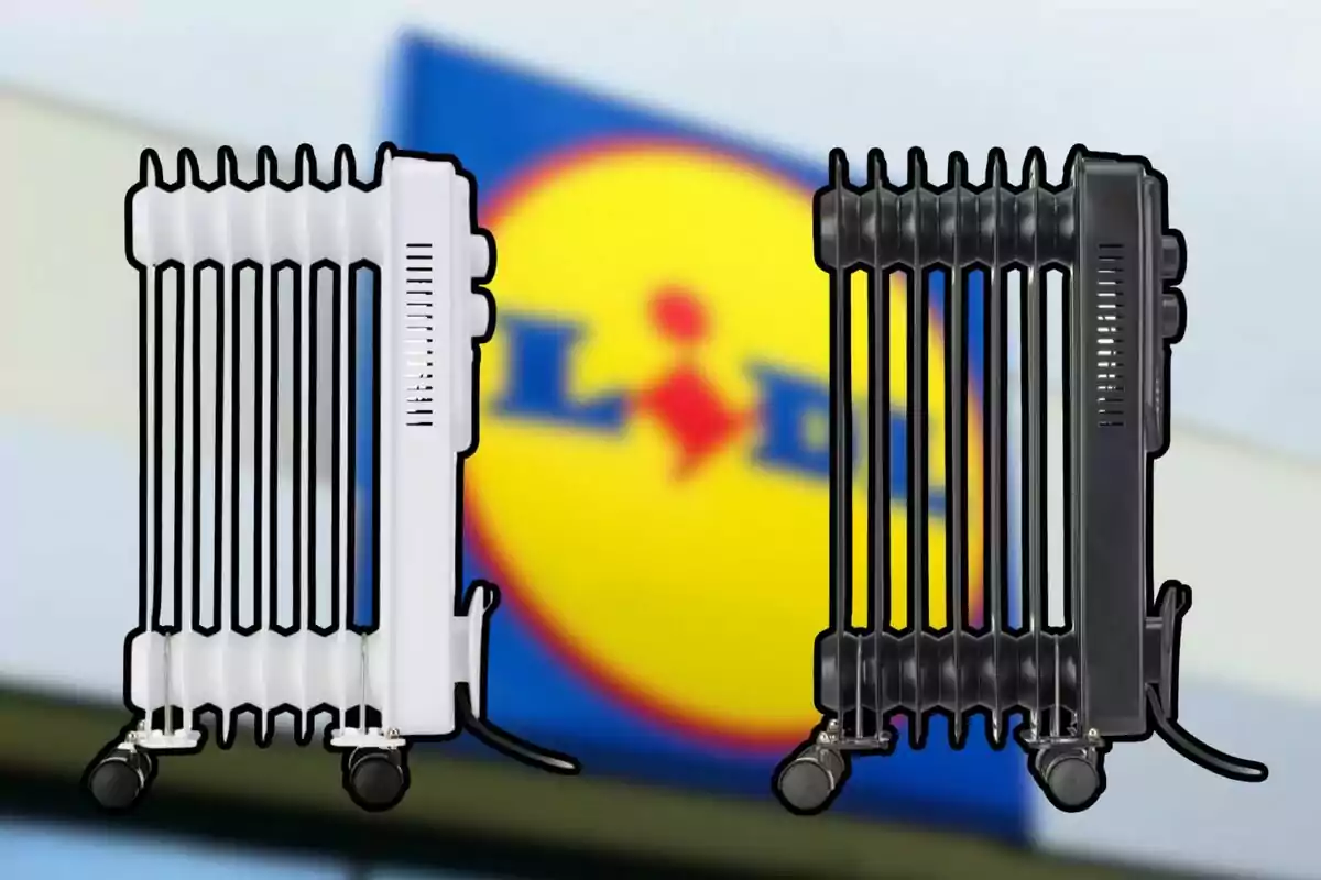 Dos radiadors d'oli, un de blanc i un altre de negre, davant d'un fons desenfocat amb el logotip d'una botiga. Dos radiadors d'oli, un de blanc i un altre de negre, davant d'un fons desenfocat amb el logotip d'una botiga.