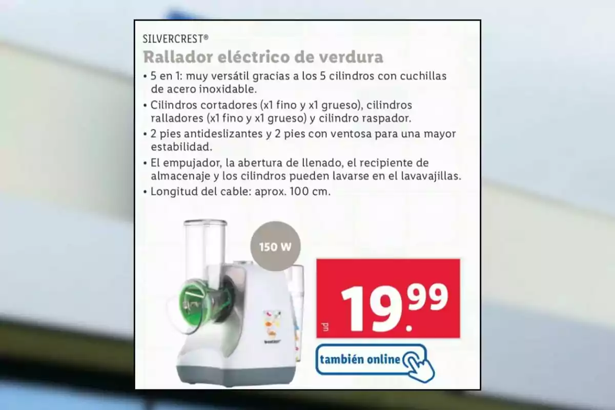 Ratlladora elèctrica de verdures Silvercrest amb cinc cilindres intercanviables, potència de 150 W, preu de 19,99 euros i opció de compra en línia. Ratlladora elèctrica de verdures Silvercrest amb cinc cilindres intercanviables, potència de 150 W, preu de 19,99 euros i opció de compra en línia.